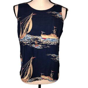 Vintage Womens Top Size 8 Nautical Sailing Ocean Tank Navy Blue Yacht Made USA
